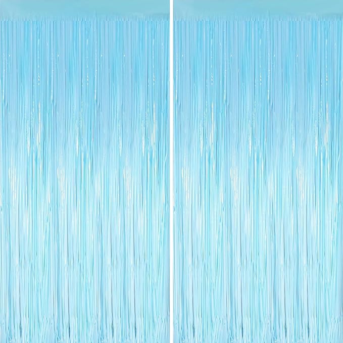 Valentines 2 Pack 3.3 * 8.3 ft Foil Curtain Metallic Tinsel Fringe Curtains Photo Booth Props Backdrop for Birthday Wedding Engagement Baby Christmas Holiday Celebration Party,Macaron Light Blue
