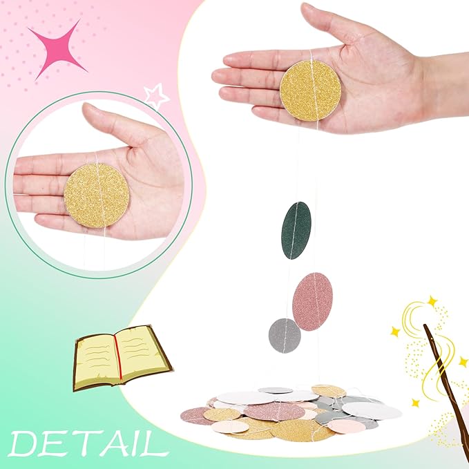 Outus 5 Pieces Colorful Dots Paper Garland Easter Decor Round Glitter Hanging Confetti Streamers Backdrop for Spring Birthday Classroom Halloween Trunk or Treat Car Decoration (Sage Green,Pink,Gold)