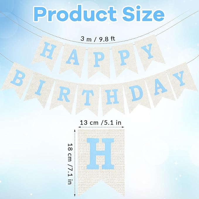 Burlap Happy Birthday Banner, Blue Assembled Happy Birthday Banner Sign Garland for Boys Girls Rustic Party Decorations