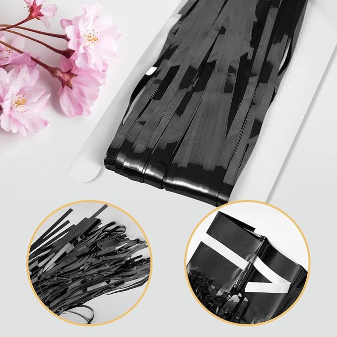 12 Pack Black Foil Curtain Backdrop 3.2ft x 6.6ft Metallic Tinsel Fringe Backdrop Curtains Streamer Photo Booth Backdrop for Birthday Engagement Bachelorette Christmas Holiday Party Decorations