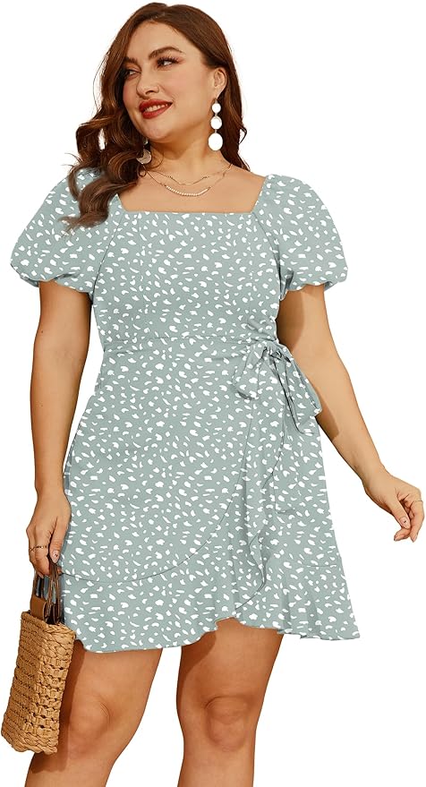 Sampeel Womens Summer Dresses Square Neck Puff Sleeve Tie Waist Short Dress