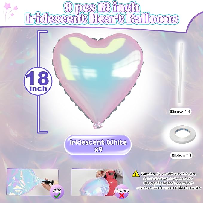 Iridescent Heart Balloons, 9PCS 18Inch Transparent Laser Heart Foil Balloon Large Gradient Crystal Iridescent Colorful Balloon for Birthday Wedding Easter Rainbow Mermaid Fantasy Theme Party Decor