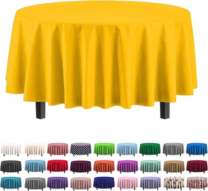 Exquisite Party Solids 6-Pack Premium Plastic Tablecloth 84in. Round Plastic Table Cover - Yellow