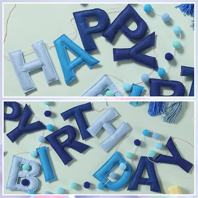 Pre-Strung Happy Birthday Banner Felt Ball Garland Banner Sign for Blue Birthday Party Decorations Blue Dog Party Decor
