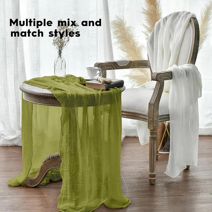 Artoid Mode 6pcs Boho Cheesecloth Gauze Grass Green Wedding Table Runner, 120 Inch Seasonal Spring Fabric Kitchen Dining Holiday Table Decor for Home Party Indoor
