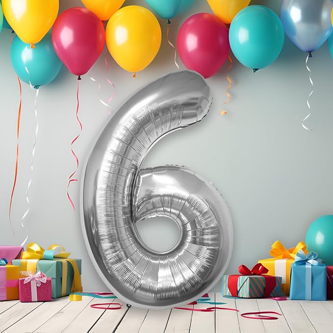 40 Inch Large Silver Number Celebration and Decoration Balloon for Birthday Parties, Graduations, Anniversaries, Weddings, Photo Shoots, Special Events - Helium Foil (Silver Number 6)