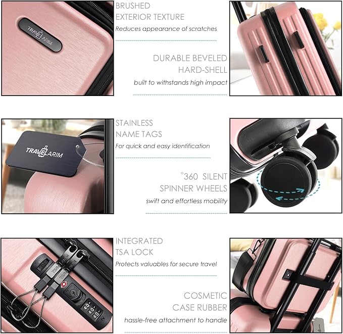 TRAVELARIM 20 Inch Carry On Luggage 22x14x9 Airline Approved, Carry On Suitcase with Wheels, Hard-shell Carry-on Luggage, Durable Luggage Carry-On, Pink Small Suitcase with Cosmetic Case