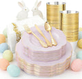 NOCCUR 175PCS Purple Plastic Plates with Gold Disposable Silverware - Include 50 Lavender and Gold Plastic Plates,25 Knives,25 Forks,25 Spoons,25 Cups and 25 Napkins - Easter Day/Spring Party