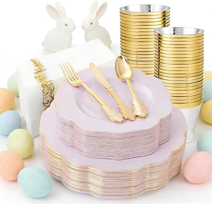 NOCCUR 175PCS Purple Plastic Plates with Gold Disposable Silverware - Include 50 Lavender and Gold Plastic Plates,25 Knives,25 Forks,25 Spoons,25 Cups and 25 Napkins - Easter Day/Spring Party