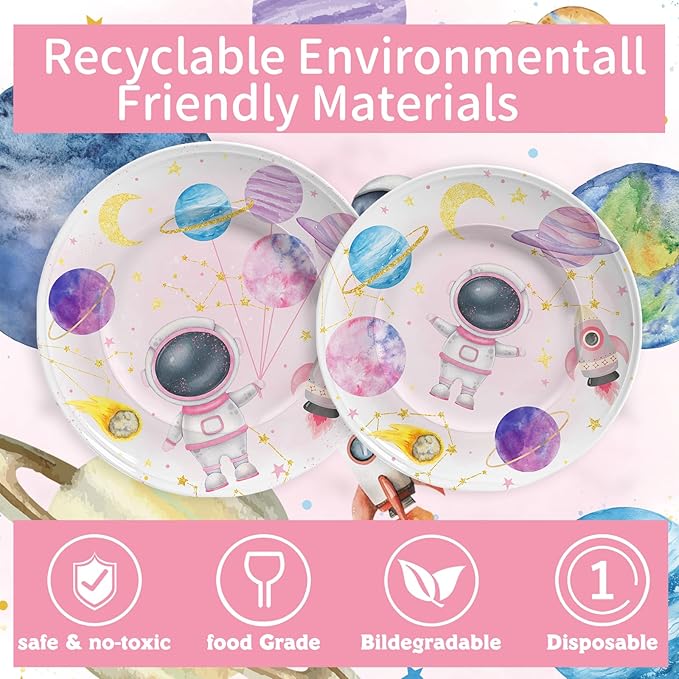 140PCS Space Themed Paper Plates Party Supplies Decorations, Supplies for Girls Baby Birthday Party Decorations Pink Moon Star Outer Space Planet Theme Plates Set for 20 Guests