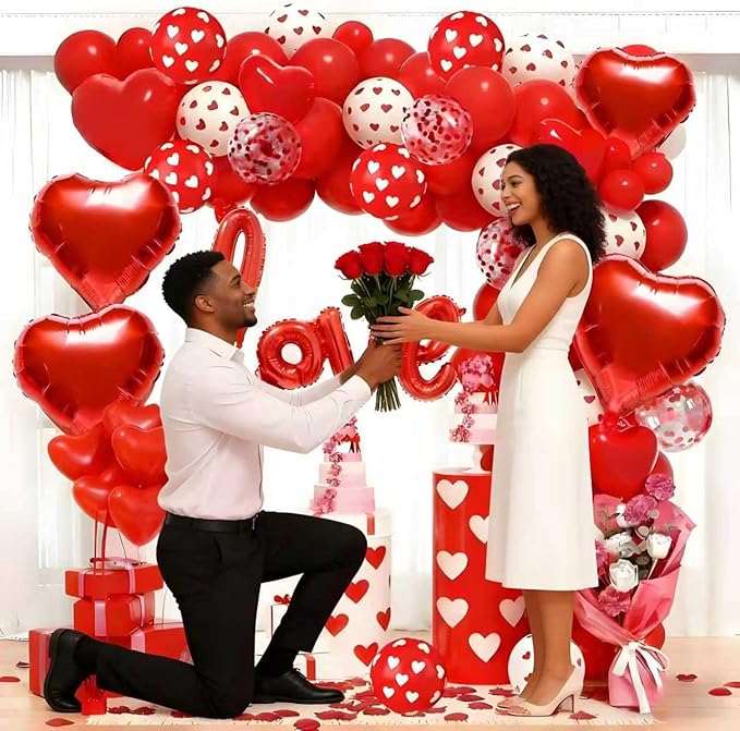 117pcs Valentines Day Balloon Arch Kit and 1000pcs red rose petals, Red Confetti Heart Balloons Love Foil Balloons for Valentines Day Balloon Decorations Engagement Wedding Party Supplies