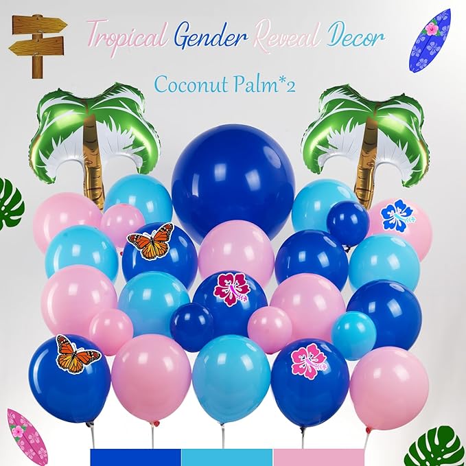 Blue and Pink Balloon Garland Arch Kit with Coconut Tree foil balloons ohana Backdrop Hibiscus Flower Paper Card for Summer Hawaii gender reveal Baby shower Hawaii cartoon birthday party decorations