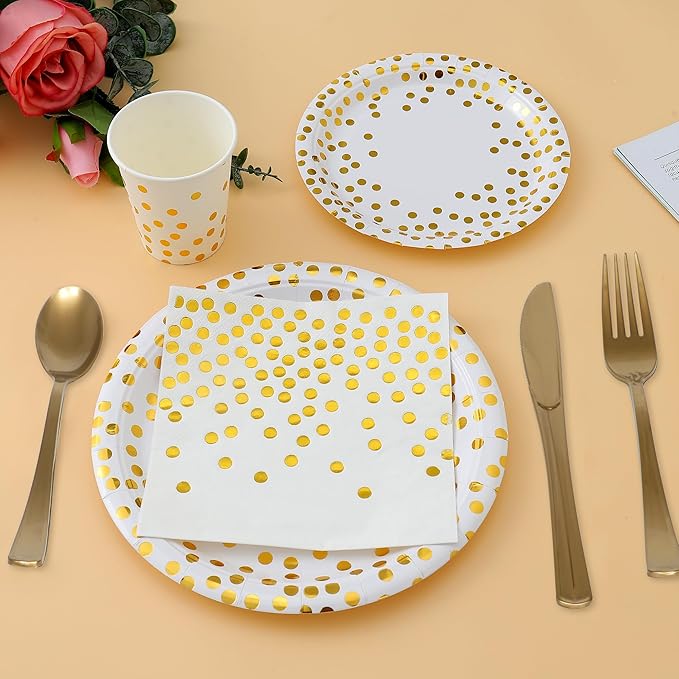 175 Pcs White Gold Party Plates Cups and Napkins Sets White Gold Foil Dot Disposable Dinner Tableware Set With 7" 9" Plates Napkins Cups Knife Fork Spoon Birthday Party Supplies Serve 25 Guests