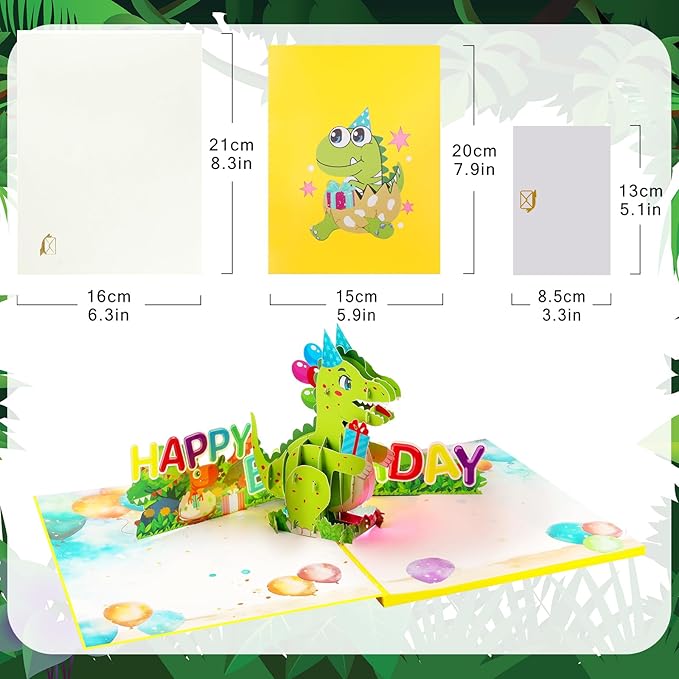 Cartoon Dinosaur Music Playing Pop Up Happy Birthday Greeting Card with LED Light, Love Gift for Adult and Kid with Blank Note & Envelope, Celebration for Daughter, Son, Mom, Dad