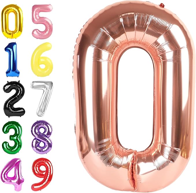 Rose Gold Number Balloons for Birthday Party Decoration, 40 Inch Foil Number 0 Ballon for 0, 10, 20, 100, 2026 Celebration, Birthday, Baby Shower, Anniversary Decor