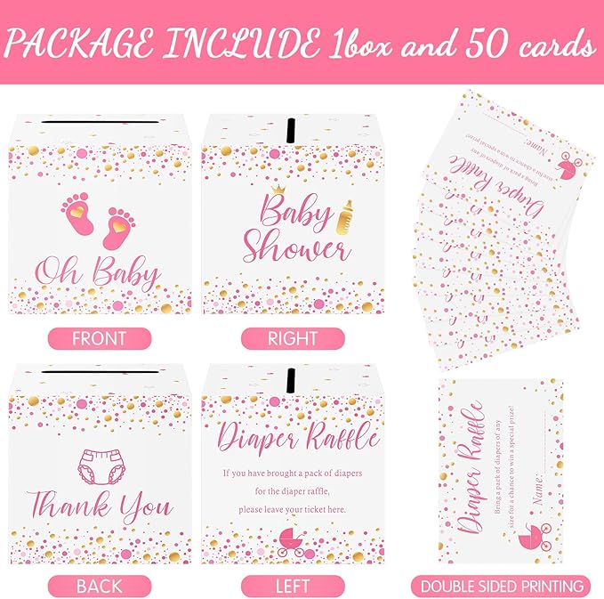 Funrous 51 Diaper Raffle Tickets with Box for Baby Shower Game Invitations Diaper Raffle Card for Gender Reveal Baby Shower Party Decoration Table Centerpiece(White, Pink)