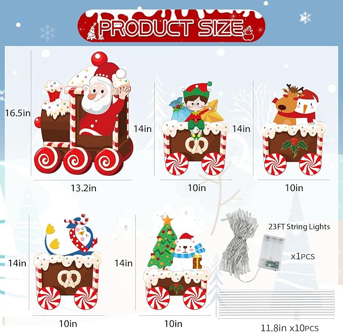 Christmas Train Decorations Yard Signs with LED Lights - Christmas Tree Snowman Train Set Lawn Signs with Stakes for Holiday Xmas Lawn Garden Yard Decorations Outdoor, 5 Pack