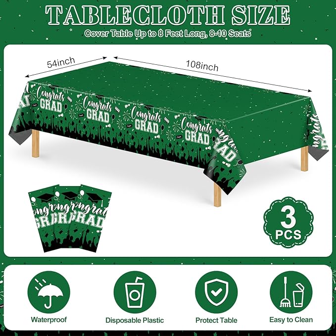 3 Pack Plastic Graduation Tablecloth, Graduation Decorations 2026 Disposable Rectangle Green Black Table Cover, 2026 Gongrats Grad Table Cloths for Graduation Party Decorations, 54x108Inch