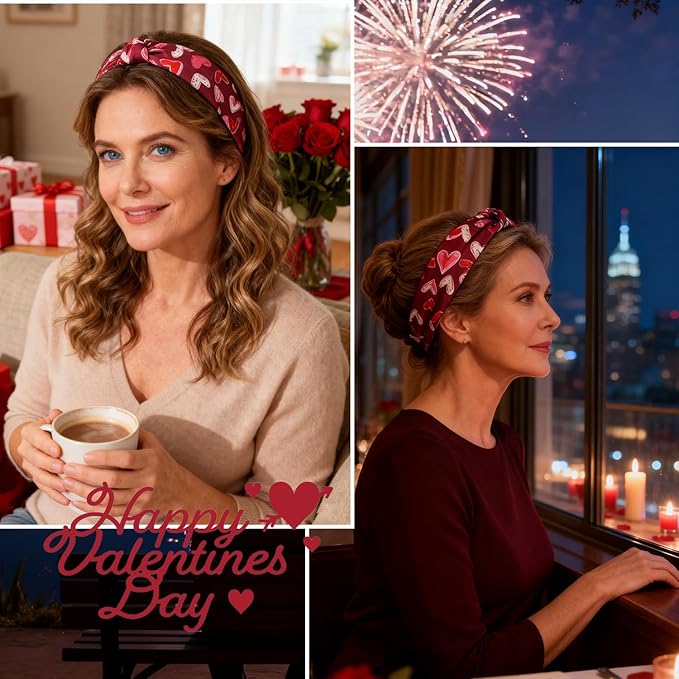 Valentines headband Non Slip Cute Knotted Headbands with Heart Love designs Fashion Women Head Band for Hair Wide Top Knot Headbands for Women Holiday Party Head wear Accessories Supplies Gift 1pcs