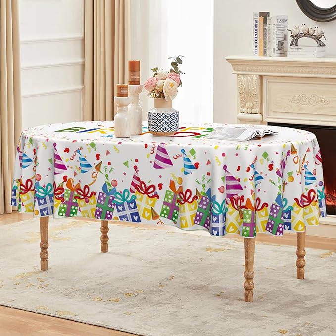 Horaldaily Birthday Tablecloth 60x84 Inch Oval, Happy Birthday Ballon White Washable Seasonal Table Cover for Party Picnic Dinner Decor