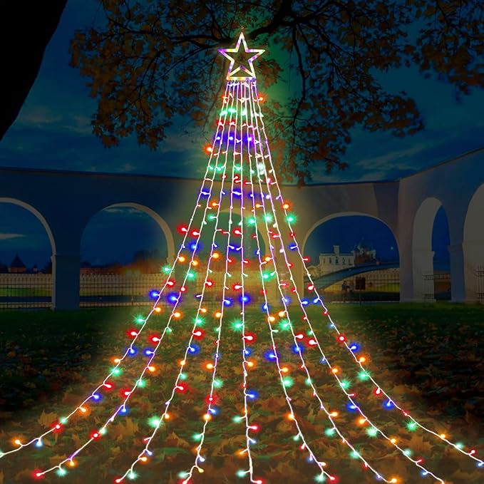 FUNIAO (New Christmas Lights, Outdoor Christmas Decorations, 320 LED Waterfall String Lights, 8 Light Modes Chrsitmas Lights with 12" Star Tree Topper for Yard, Wedding, Party, New Year (Multicolor)