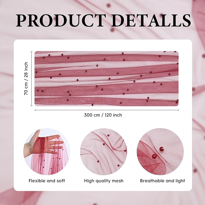 Artoid Mode 6PCS Pearl Burgundy Gauze Table Runner 120 Inch 10FT, Seasonal Sheer Dining Holiday Wedding Birthday Baby Shower Table Decor for Home Party