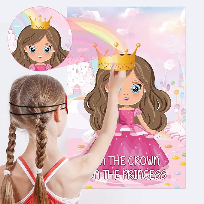 Hooqict Pin The Crown on The Princess Party Games for Kids Girls Princess Birthday Party Decorations Tea Party Favors Supplies, Large Pin The Tail Games Poster with 24 Crown Stickers