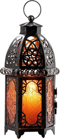 DECORKEY Vintage Large Size Decorative Ramadan Candle Lantern, 12.8’’ Metal Hanging&Tabletop Moroccan Lantern Candle Holder Decor, Halloween Christmas Decorations for Home Indoor Outdoor Patio (Amber)