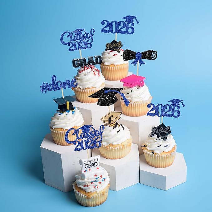 Gyufise 30Pcs Blue Glitter 2026 Graduation Cupcake Toppers Class of 2026 Graduation Done Cupcake Picks Grad Cap Diploma Cake Decorations for 2026 Graduation Theme Party Cake Decorations Supplies