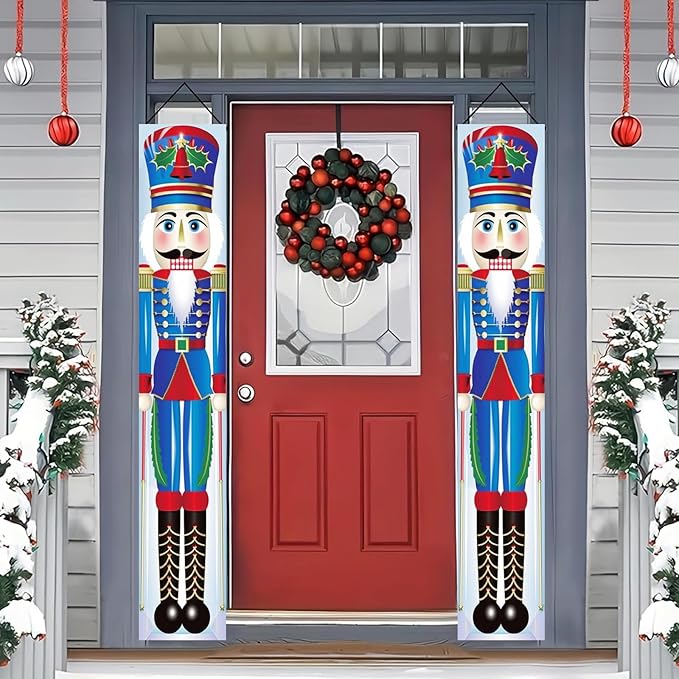 Christmas Nutcracker Door Banner 12x71 Inch Soldier Couplets Decoration for Front Porch Holiday Entryway Outdoor Xmas Wall Decor with Red Blue Toy Guard Design
