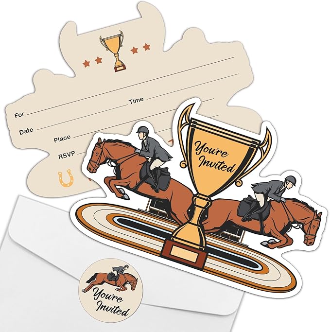REWIDPARTY Horse Race Party Invitations with Envelopes & Stickers（Set of 15）Horse Racing Champion Shaped Fill-in Invitations Kentucky Derby Invite Cards Horse Race Party Supplies for Teens Adults