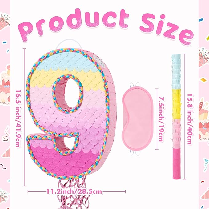 WERNNSAI Number 9 Piñata – Pink 9th Birthday Party Decorations Rainbow Ombre Nine Piñata for kids girls with Blindfold and Stick for 9 Year Birthday Supplies Princess Anniversary Decoration