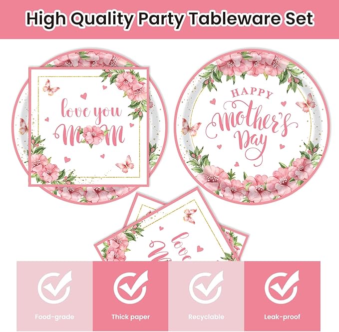 40pcs Mother's Day Paper Plates and Napkins Party Supplies, Disposable Mothers Day Party Plates and Napkins Flowers Theme Tableware Set for Birthday Mother's Day Decorations (Mothers Day)