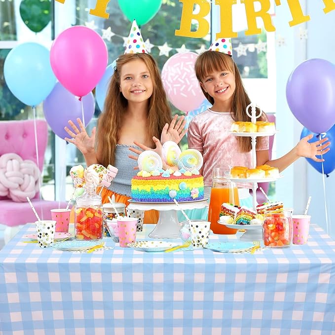 Kesfey 12 Packs Light Blue Gingham Tablecloth Pale Blue and White Checkered Tablecloths 54 x 108 Inch Disposable Plastic Gingham Tablecovers Waterproof Rectangle Picnic Table Cover for Birthday Party