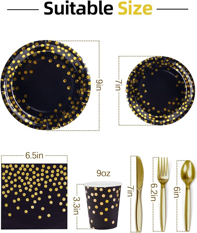 Lzerking 364 PCS Black and Gold Party Supplies, 52 Sets of Disposable Dinnerware Includes Paper Plates Cups Napkins, Plastic Knives Forks Spoons, Ideal for Birthday Graduation Wedding Festivals