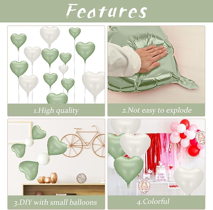 Sage Green White Heart Balloons, 10PCS Green Beige Foil Heart Balloons, 18inch Olive Green Cream White Heart Shape Balloons for Neutral Jungle Birthday Baby Shower Valentines Wedding Party Decorations