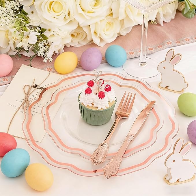 NOCCUR 150PCS Rose Gold Plastic Plates&Rose Gold Silverware-Include 30Dinner Plates, 30Salad plates, 90 Disposable Rose Gold Utensils- Ideal for Weddings/Party/Easter Day