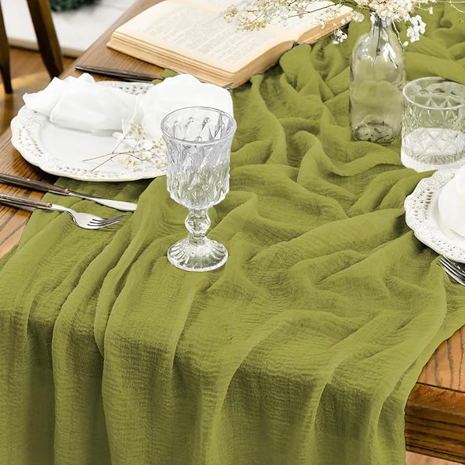 Artoid Mode 6pcs Boho Cheesecloth Gauze Grass Green Wedding Table Runner, 120 Inch Seasonal Spring Fabric Kitchen Dining Holiday Table Decor for Home Party Indoor