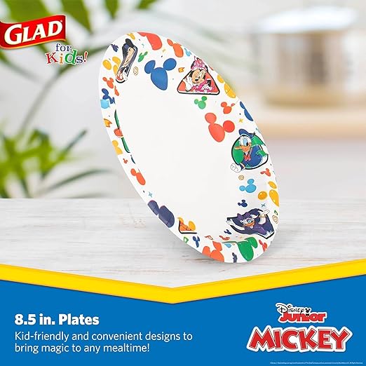 Glad for Kids Disney Mickey and Friends Disposable Paper Plates for Snacks and Meals, Heavy Duty Soak Proof Cut Resistant Microwave Safe Kids Plates, Party Pack, 8.5 Inch, 40 Count - 8 Pack