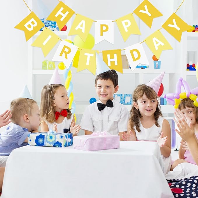 Hooqict Happy Birthday Banner Yellow Birthday Decorations for Kids Girls Women Birthday Tea Party Decorations Yellow Party Banner Garland Sign Bunting Flag Wall Porch Door Hanging Decor