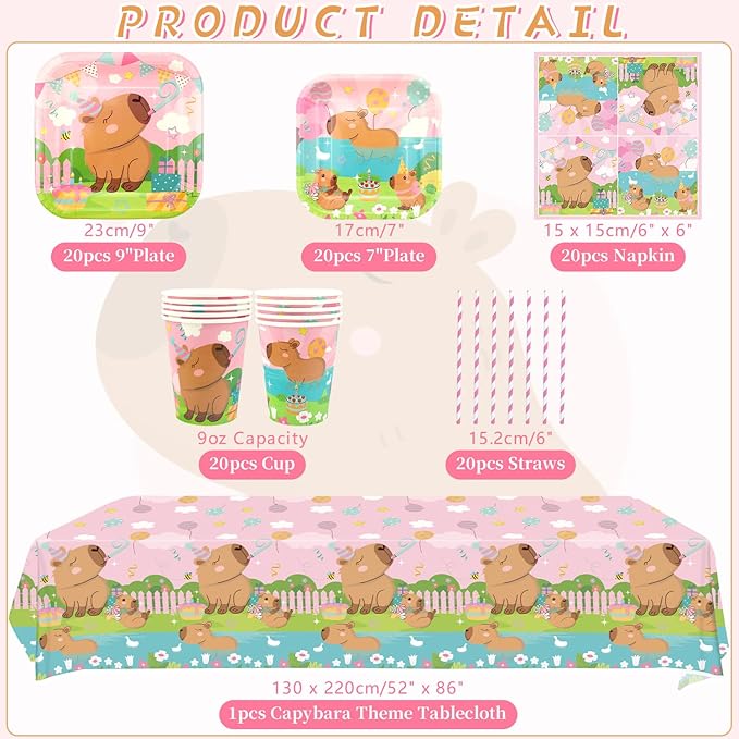 Pink Capybara Party Decoration - Capybara Birthday Party Tableware Supplies Includes Plates, Cups, Napkins, Tablecloth, Straws (20)