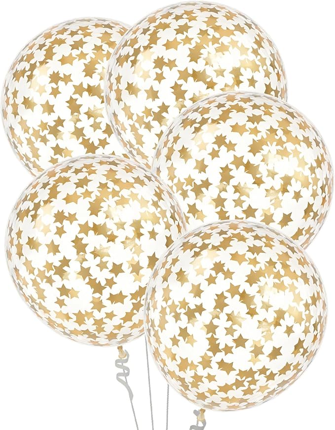 VHUWE 25 Pcs Champagne Gold Star Confetti Balloons, 12 Inch Clear Latex Balloon with Confetti Inside for Birthday Party Baby Shower Graduation Engagement Bridal Shower Decorations Supplies -Light Gold