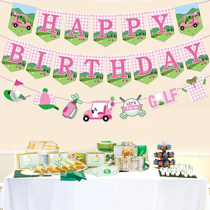 Zwiebeco Pink Green Golf Happy Birthday Banner Bunting Garland Hanging Paper Party Decorations for Girls Womens Adults Golf Sports Themed Bday Decor Accessories Supplies
