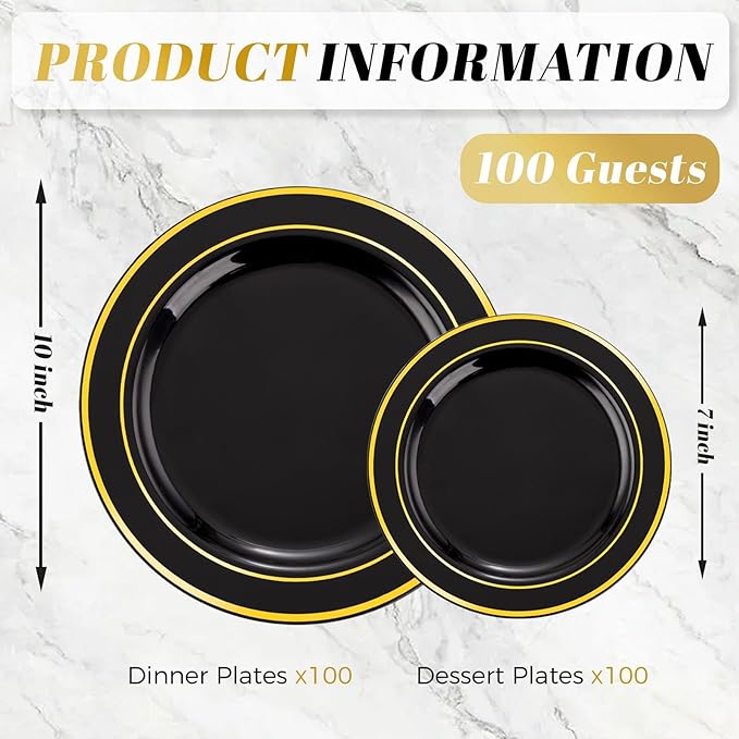 WDF 200PCS Black and Gold Plastic Plates - Black Plates Disposable for Party - Heavy Duty Plastic Plate for Graduation Wedding Party Birthday