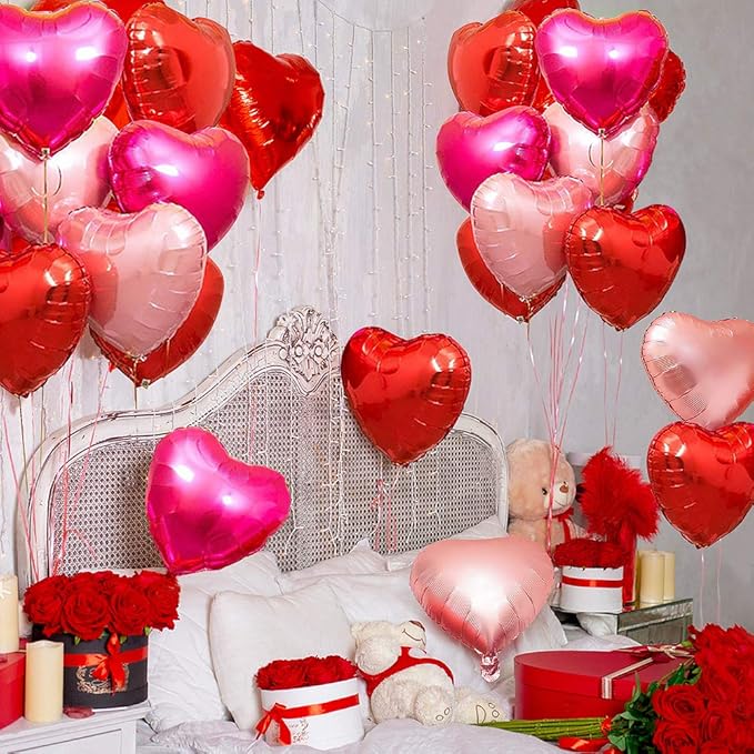 Upgraded Rose Gold and Red Balloons - Pack of 15 - Heart Shaped Foil Balloons for Valentines Day Wedding Birthday Bridal Shower Baby Shower Decorations