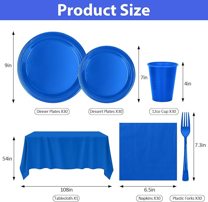 Blue Plastic Plates for Party,30 Guest Disposable Plastic Plate Set 9" Plates,7" Dessert Plates,Napkins,12 oz Cups,Forks & Tablecloth for Birthday,Graduation,Picnic,Father's Day Party