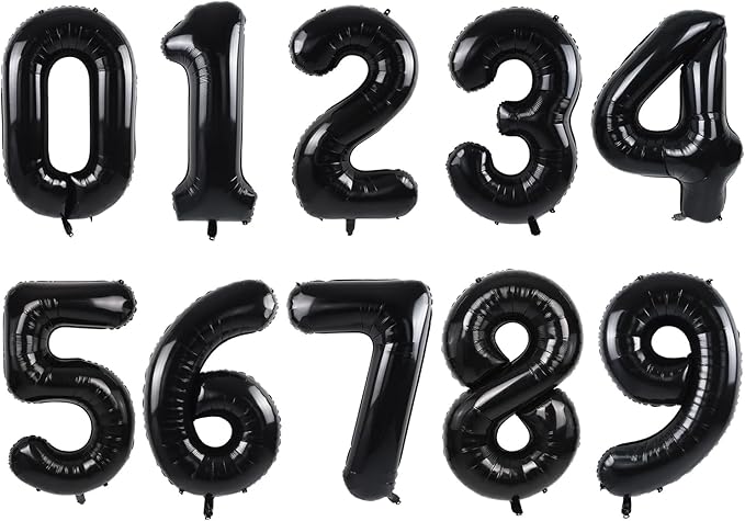 TONIFUL Number Balloons 16 Inch Black 0-9 Number Mylar Foil Balloons 10 Pcs Black Custom Digital Balloons for Birthday Party Engagement Graduations Anniversary Baby Shower Decorations Party Supplies