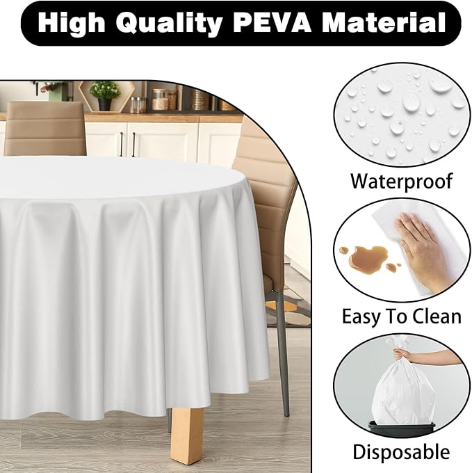 Kopokita 2 Pack White Round Disposable Plastic Tablecloths 84 inch Party Table Covers