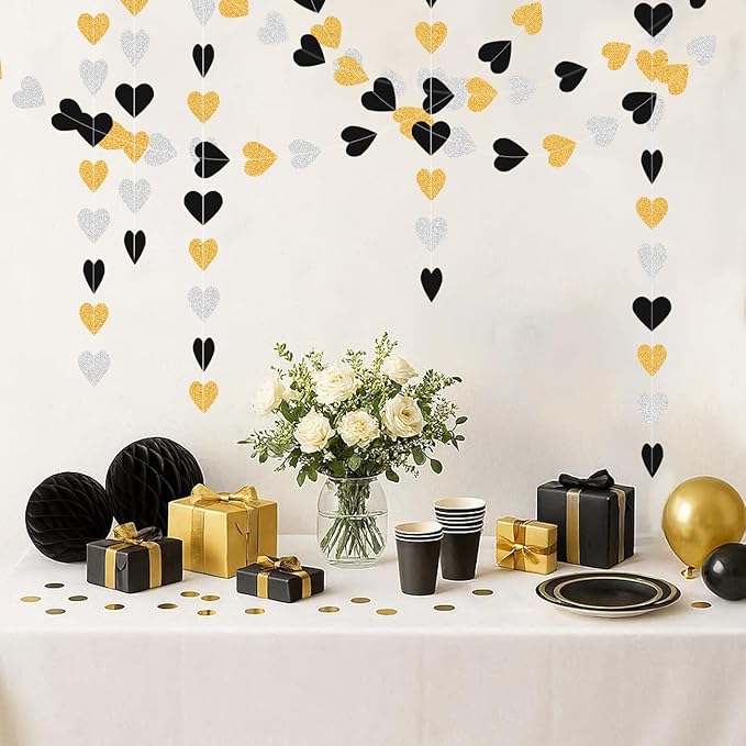 Silver Black Gold Party Decorations - 52Ft Paper Heart Garland Streamers Banner Birthday New Years Eve Retirement Graduation Anniversary Classroom Office Hanging Decor Supplies HongTongTong