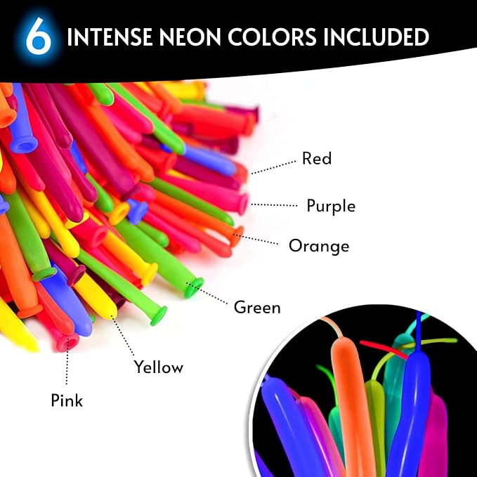 Glow King Neon Tying Balloons - Fluorescent Neon Glow Party Balloons for Tying Balloon Animals - Blacklight Reactive Party Supplies - Neon Party Decorations for Black Light Parties - (75)